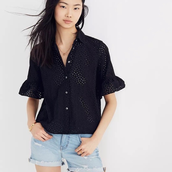 Madewell Black Eyelet Button Up Flare Bell Sleeve Blouse XXS - Picture 9 of 9